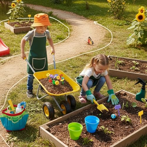 Image of Toddler Wheelbarrow Gift for Kids with 12 PCS Gardening Tool (Yellow Set) | Kids Metal Wheelbarrow with Apron,Gloves,Hat,Flower Pot,Bag,Label,Watering Sprayer,Pointed Shovel,Square Shovel,Rake