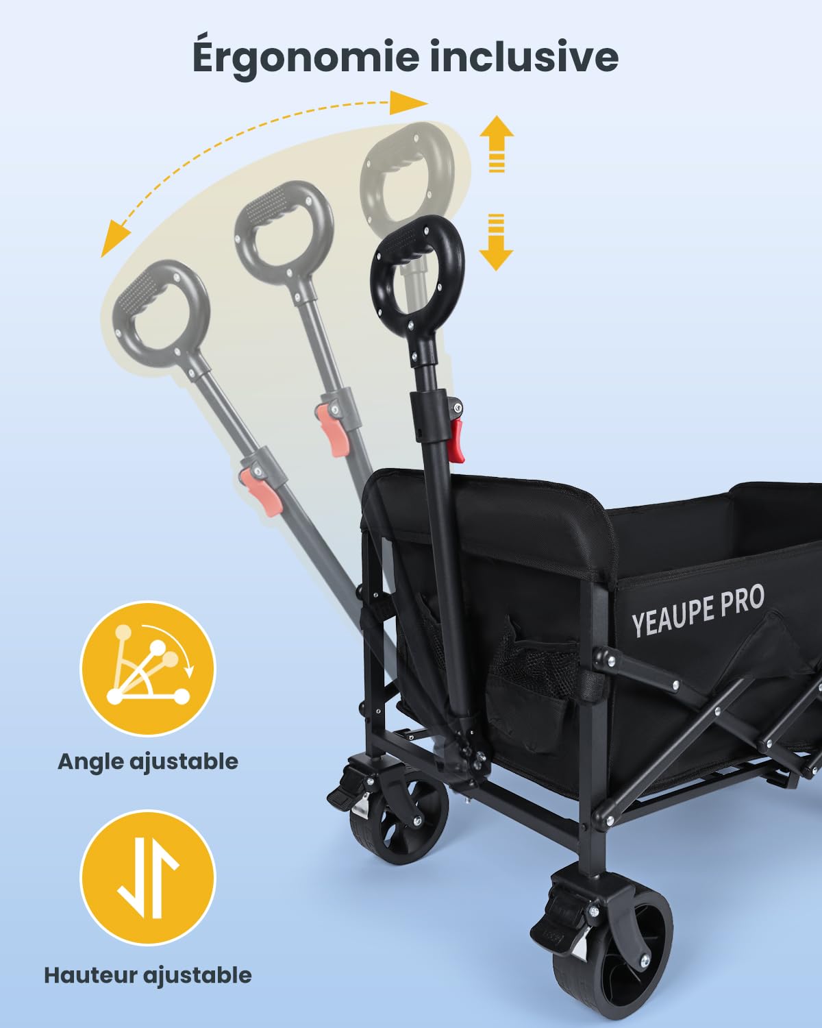 YEAUPE PRO Chariot de Plage Pliable Capacité Max. 125L 100KG, Chariot de Transport à roulettes Tout Terrain Poignée Réglable Charrette pour Extérieur Camping Pique, avec Poche intérieure