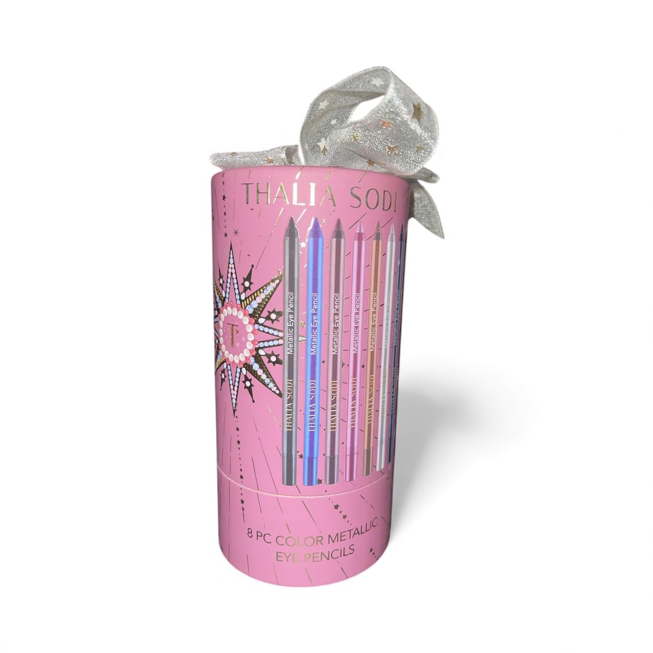 8 Piece Metallic Eye Pencils Set, Color Assorted Liner Collection, Pink Case with Silver Bow, Professional Makeup Kit