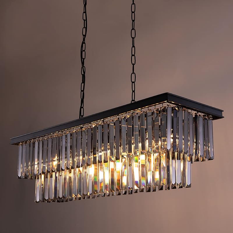 Wellmet Modern Kristály Csillár - 9 Izzós Füstszürke Üveg Függőlámpa, 89 cm Téglalap Alakú Mennyezeti Lámpa Nappaliba, Étkezőbe