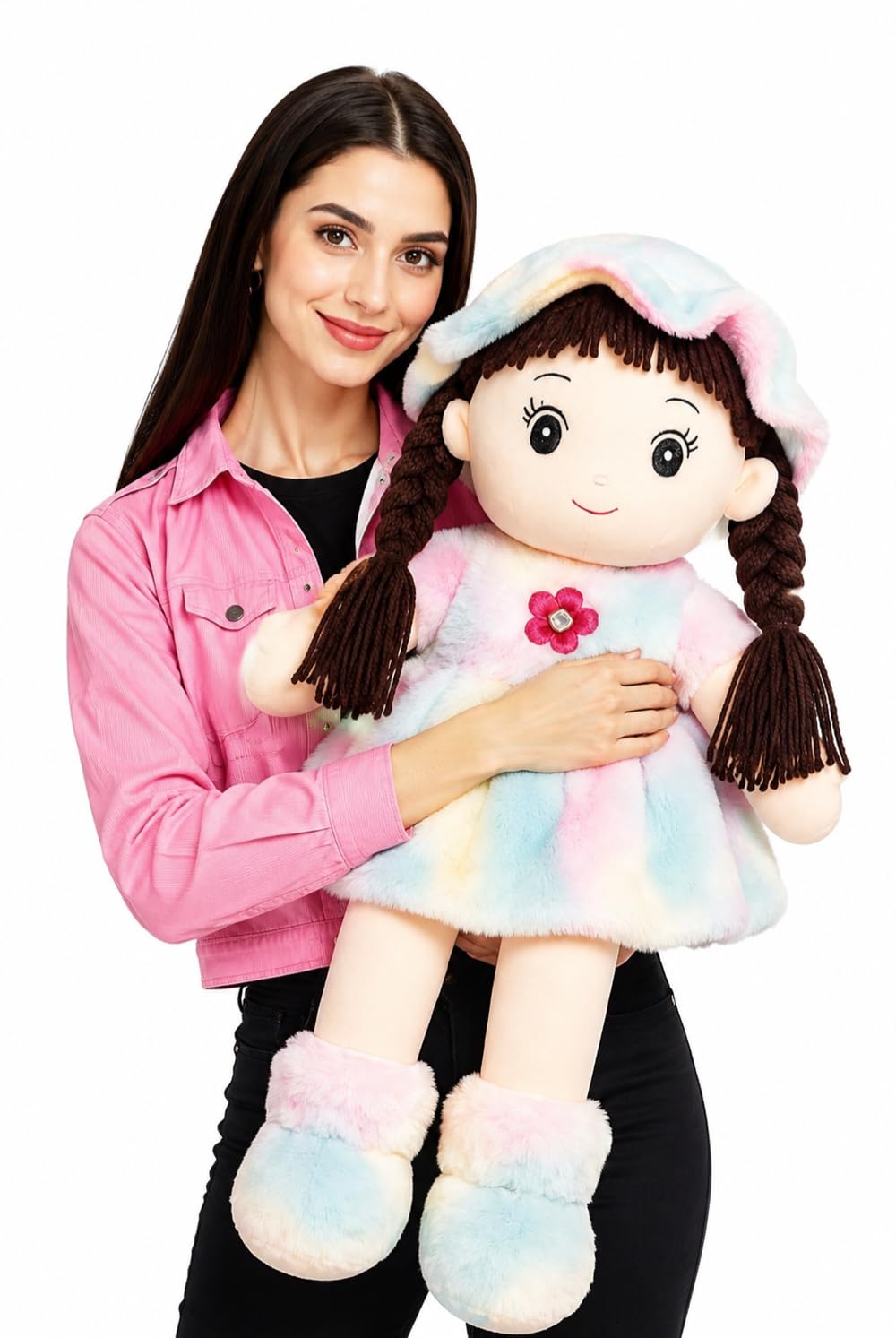 Soft Hat Doll for Kids 60 CM Cute Plush Rag Doll with Braided Hair and Cap, Washable Stuffed Toy for Girls and Boys, Soft Fabric Doll with Embroidered Eyes, Kids Toy, Birthday Gift for Children-image-1