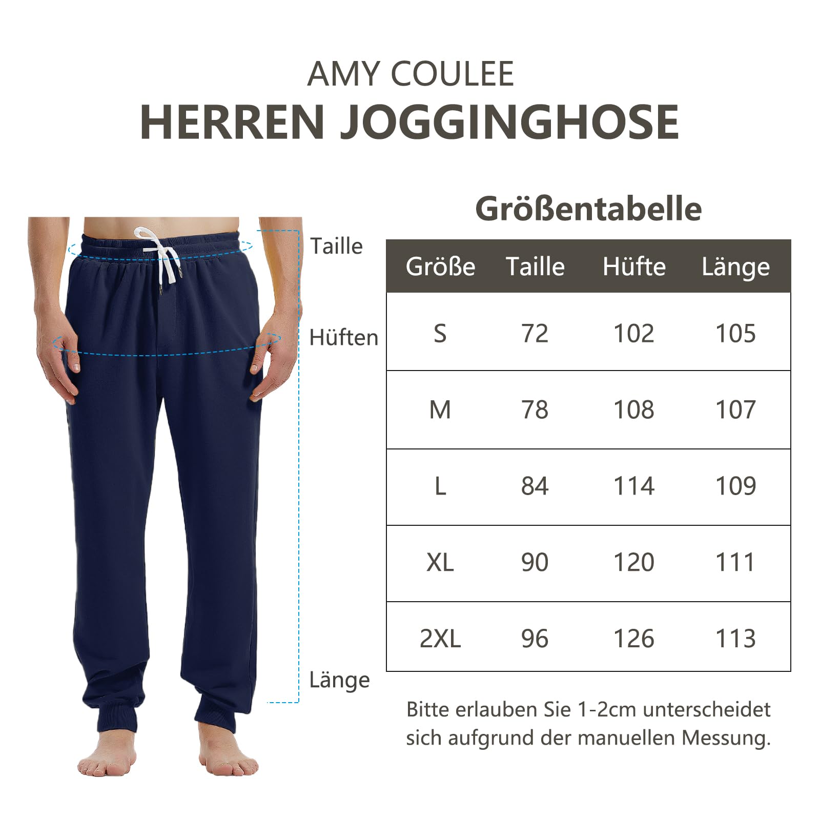 Amy Coulee Herren Jogginghose Baumwolle Jogginghose mit Taschen, Fitness-Freizeithose mit Kordelzug