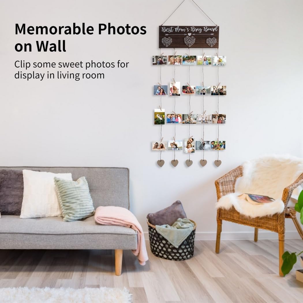 Wooden Photo Display Board with 20 Clips, DIY Hanging Picture Frame, Multi-Picture Holder, Customizable Home Wall Decor with Decorative Hearts