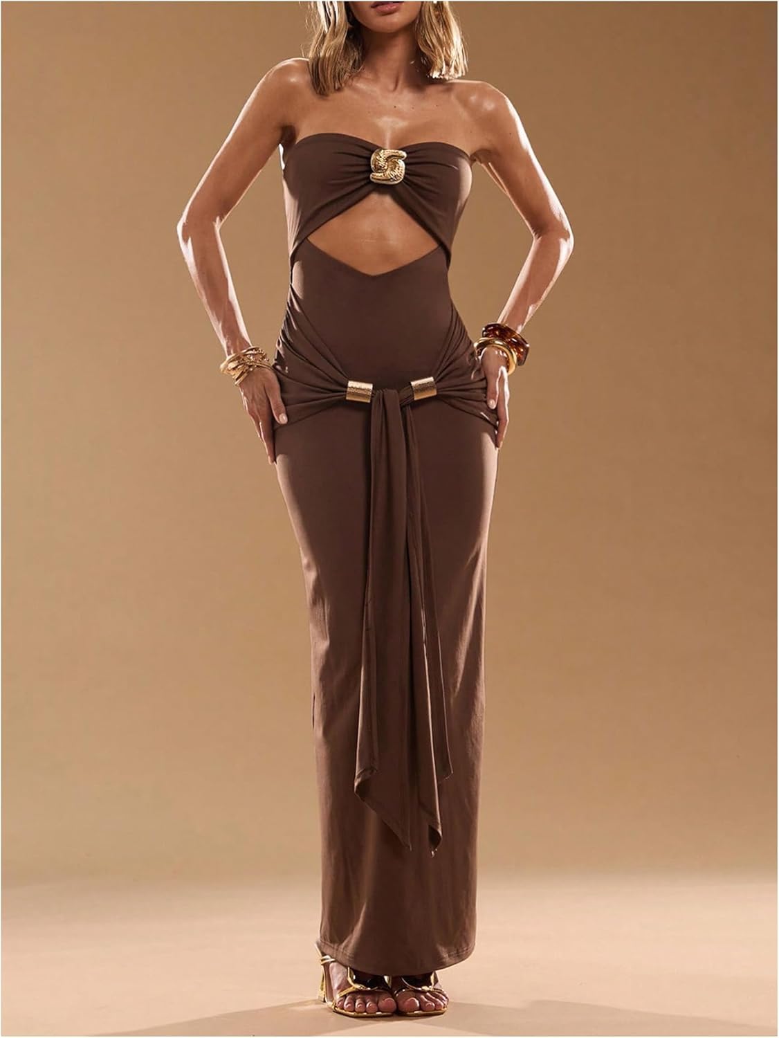 Milumia Women's Strapless Cut Out Maxi Dress Metal Tie Waist Cocktail Bodycon Long Dress - Image 4