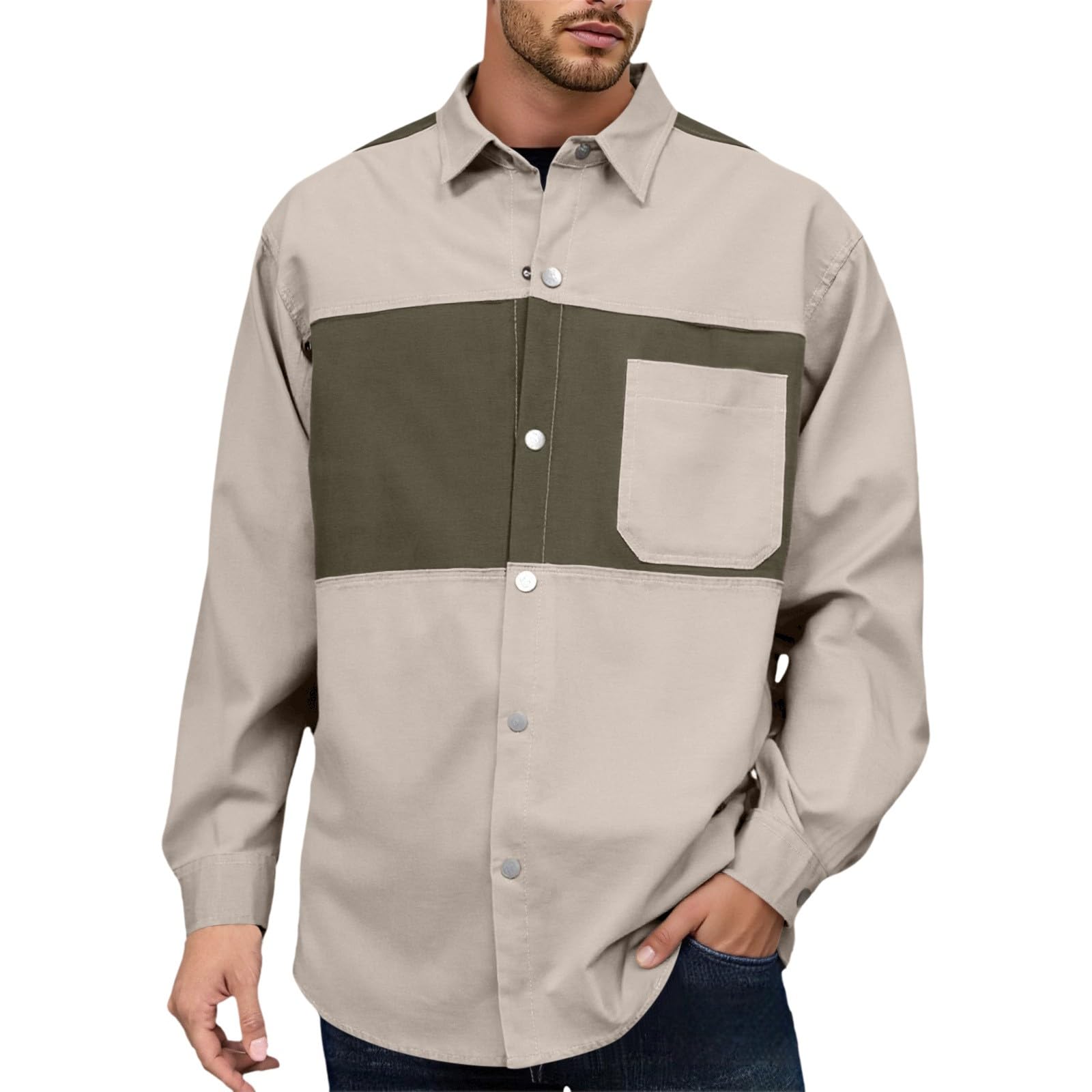 Generico Camicia Uomo Maniche Lunghe A Due tonalità, Taglio Ampio con Tasca Frontale Indumento Casual per L'Autunno