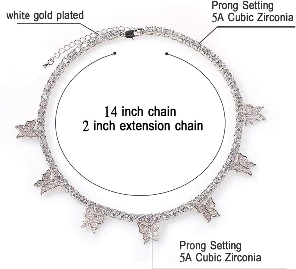 Butterfly Necklace Tennis Chain Butterfly Choker Bling Iced CZ Butterfly Necklace Silver Women