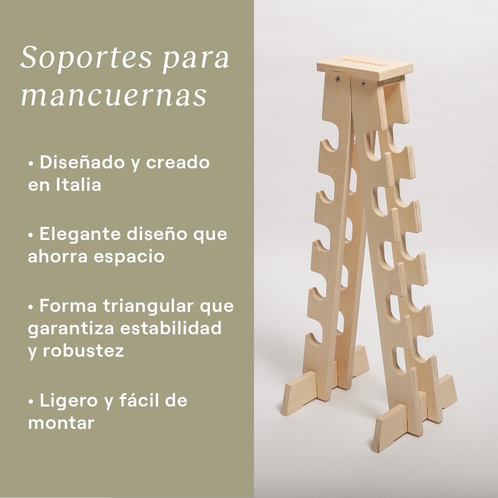 Meanswood Soporte para Mancuernas de Gimnasio en Casa – Estante para Mancuernas, Soporte de Pesas Ajustables, Estructura de Madera, Capacidad Máxima 90 kg (10 Pesas) - Made in Italy