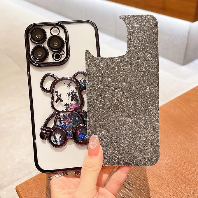 Miniatura 3 de MANLENO Funda galvanizada con diseño de oso 3D para iPhone 15 Pro Max para mujer, funda protectora de cuerpo completo con purpurina flotante y