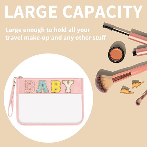 Miniatura 10 de Iqimott Bolsa transparente con letras, bolsa de maquillaje para viajes, playa, aperitivos, para mujeres y niñas, Cosas-Rosa, Bolsa transparente de