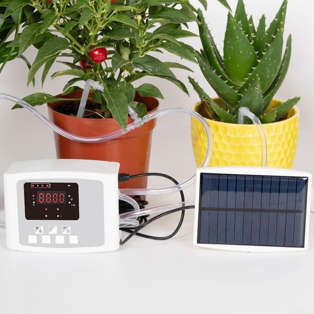 Temporizador de riego solar con bomba doble, sistema automático de riego por goteo con alertas de voz, batería de respaldo para balcón, jardín, oficina