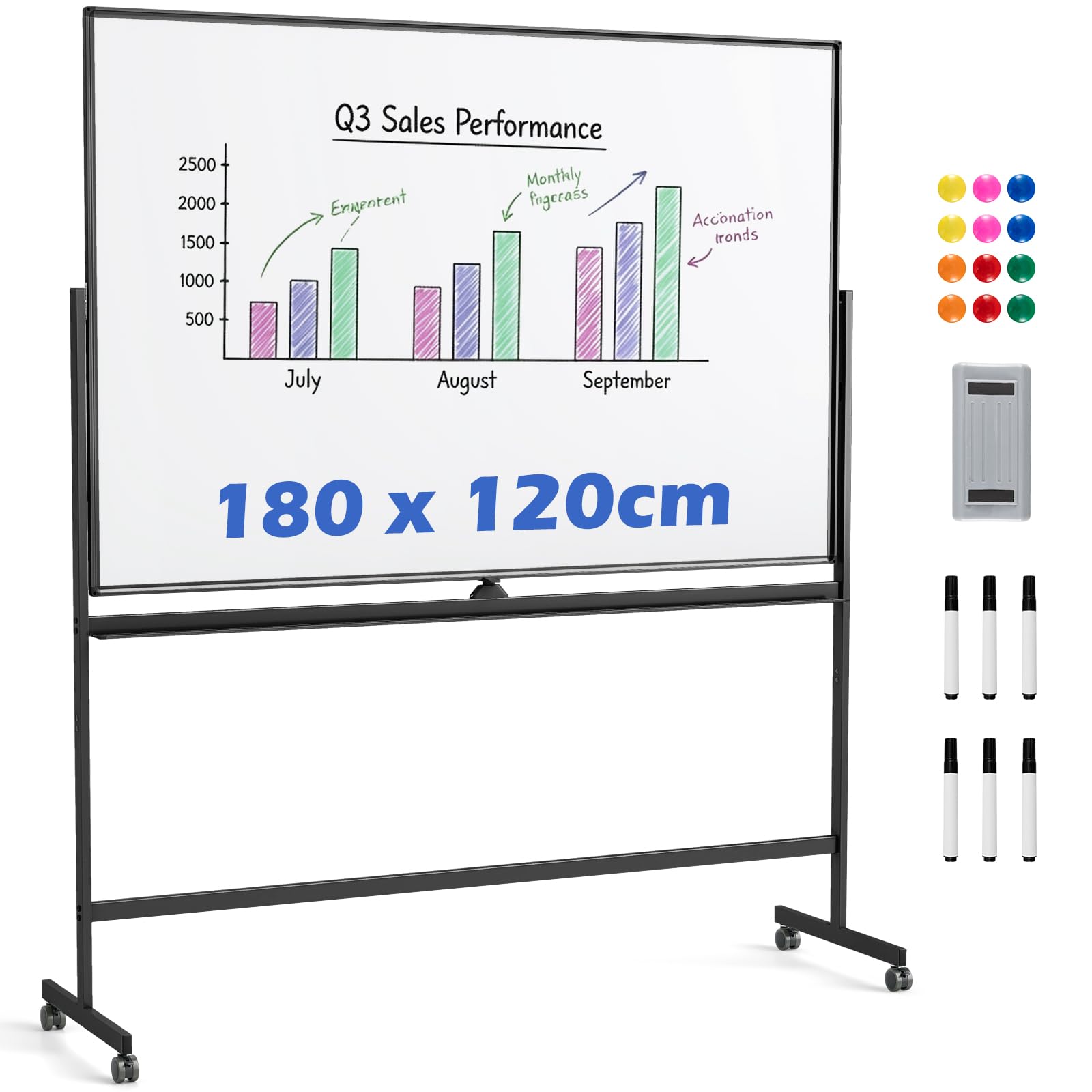 COSTWAY Lavagna Bianca Mobile, Lavagna Magnetica Cancellabile Doppia Faccia con Cavalletto, 2 Altezze Regolabili e Ruote Bloccabili (186 x 54 x 195/215 cm,Nero)