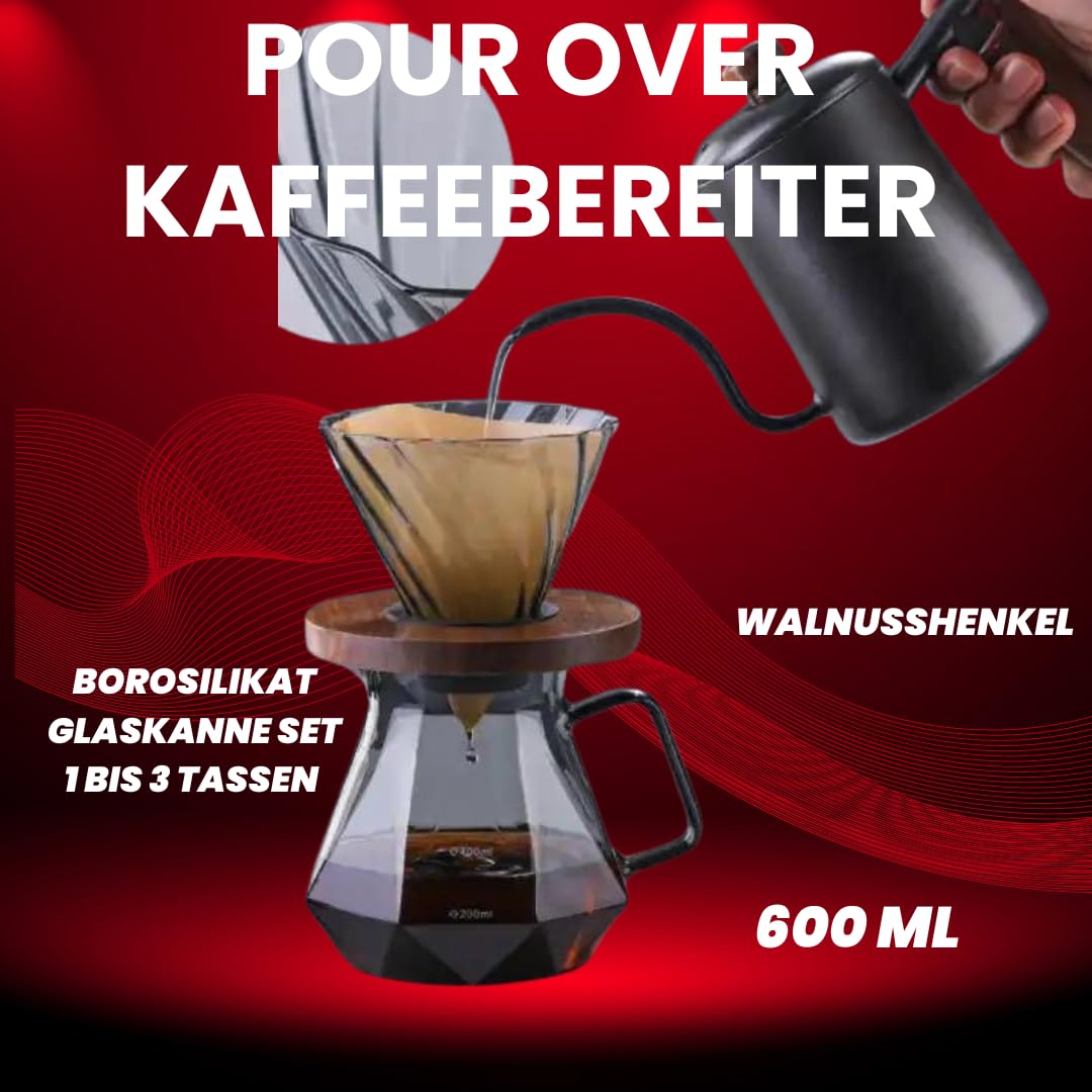 Pour Over Kaffee-Set Aus Borosilikatglas - 600ml Kanne Mit Filter & 100 Papierfiltern