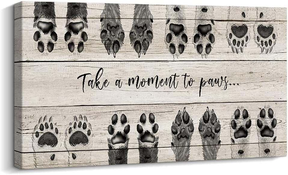 ARTINME Dog Lover Sign Picture Wall Decor,Take A Moment To Paws sign Pet Paw Print Artwork Footprints Canvas Wall Art,Framed Animal prints Puppy Gifts for Front Door Home Decoration 12"X24" Large