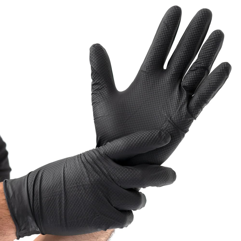 FRANZ MENSCH Hygostar Power Grip - Guantes de nitrilo, 50 unidades, sin polvo, color negro, 8/M, L: 24 cm, guantes desechables, mecánicos, sin látex, estructura de escamas de pescado