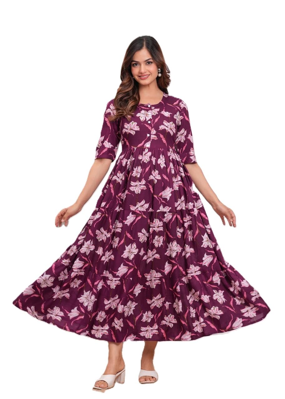 Women's Floral Maxi Dress, Purple with Lily Print, 3/4 Sleeve Button Front, Ankle Length-image-20