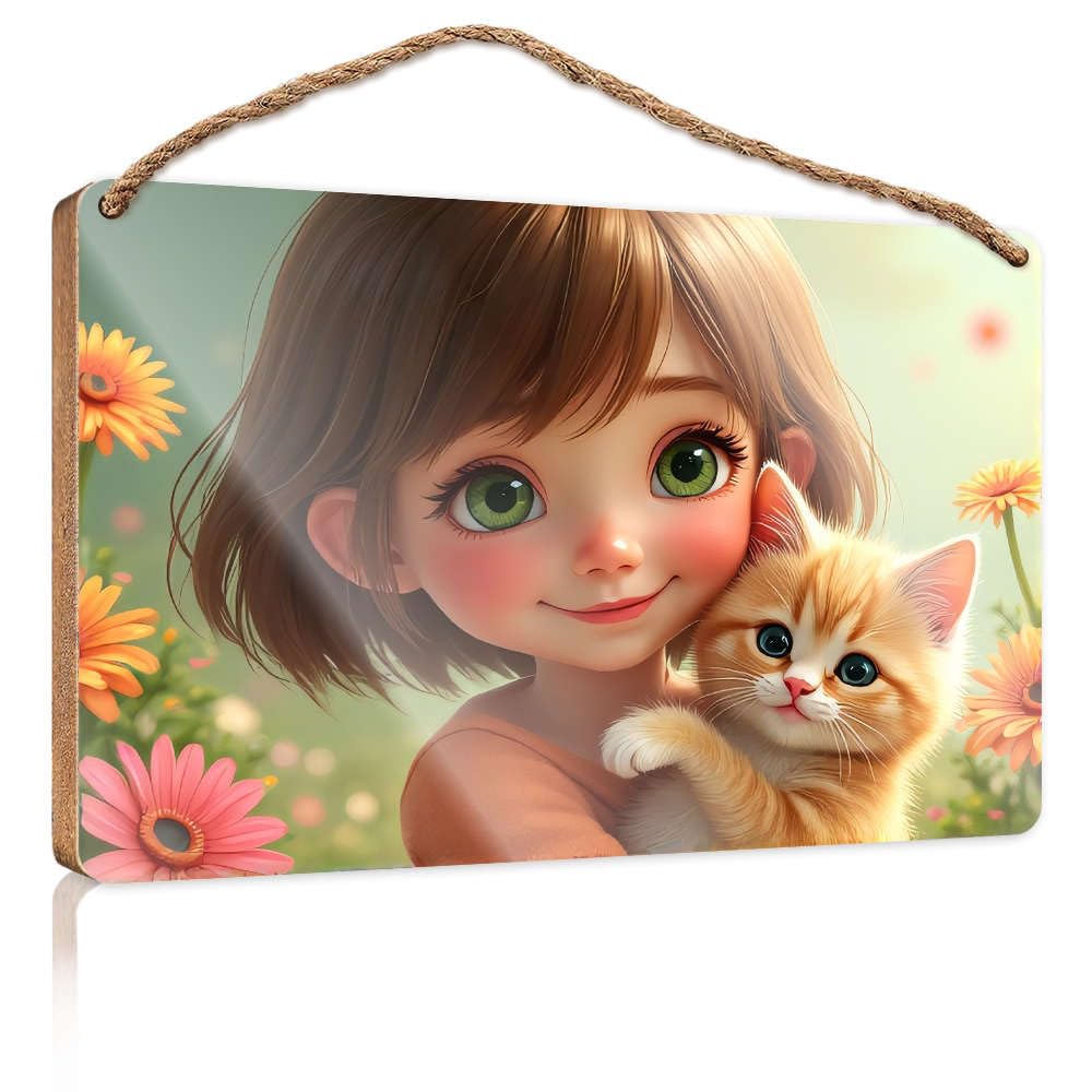 Fun Signs For Home Decor Girl Holding Kitten Surrounded By Flowers. Farmhouse Signs Desk Accessories For Men(15X28CM)