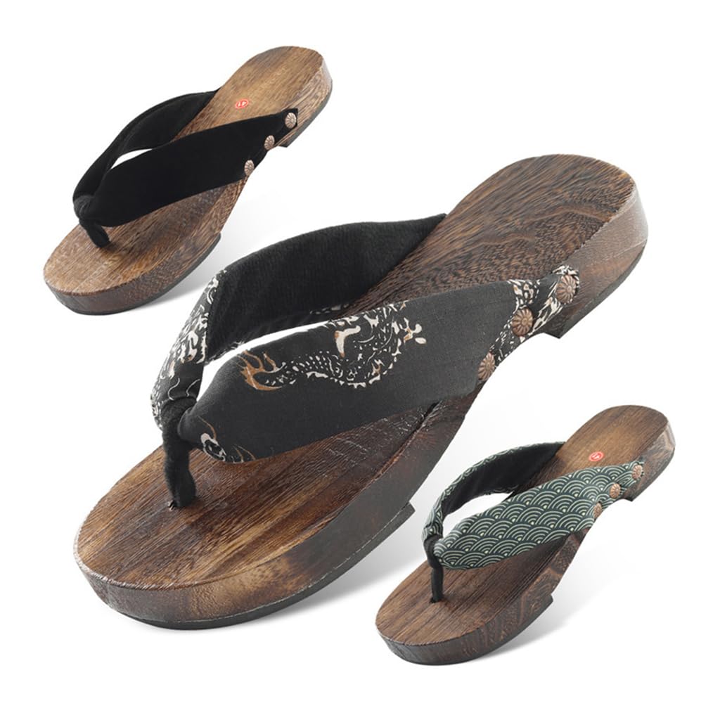 Sandali da Uomo Geta Legno Kimono Infradito Tradizionali Giapponesi Pantofole estive Infradito Sandali da Donna Eleganti Sandali da Donna Tacco Piatto Kimono Scarpe(Size:EU 43,Color:Drago Nero)