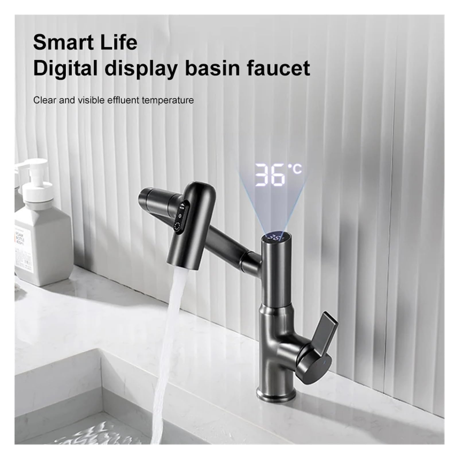 Grifo de baño, Grifo de cocina con pantalla Digital inteligente, grifo basculante for lavabo baño, for, for autocaravana y lavado raspado(Tap-silver)