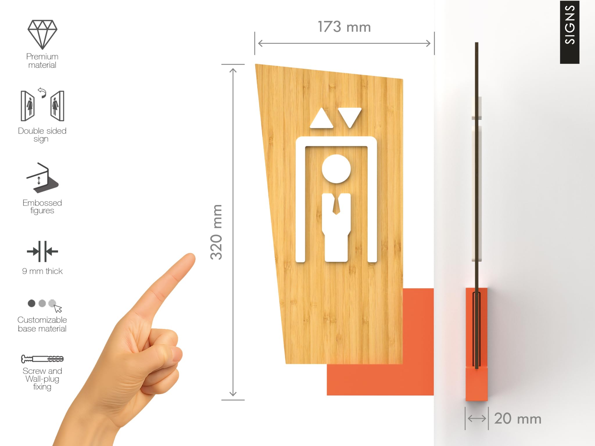 Set de 4 señales direccionales con flechas – 32 cm – Símbolos personalizados: Aseos, Recepción, Comedor, Gimnasio, Vestuario/Camerino – Carteles de pared de doble cara