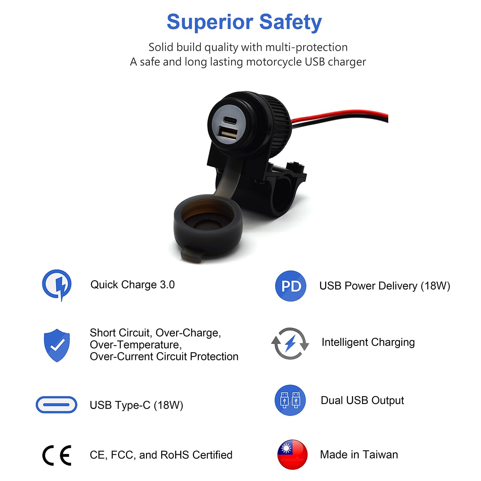 Amazon | Cliff Top オートバイデュアルUSBポート防水充電器 18W