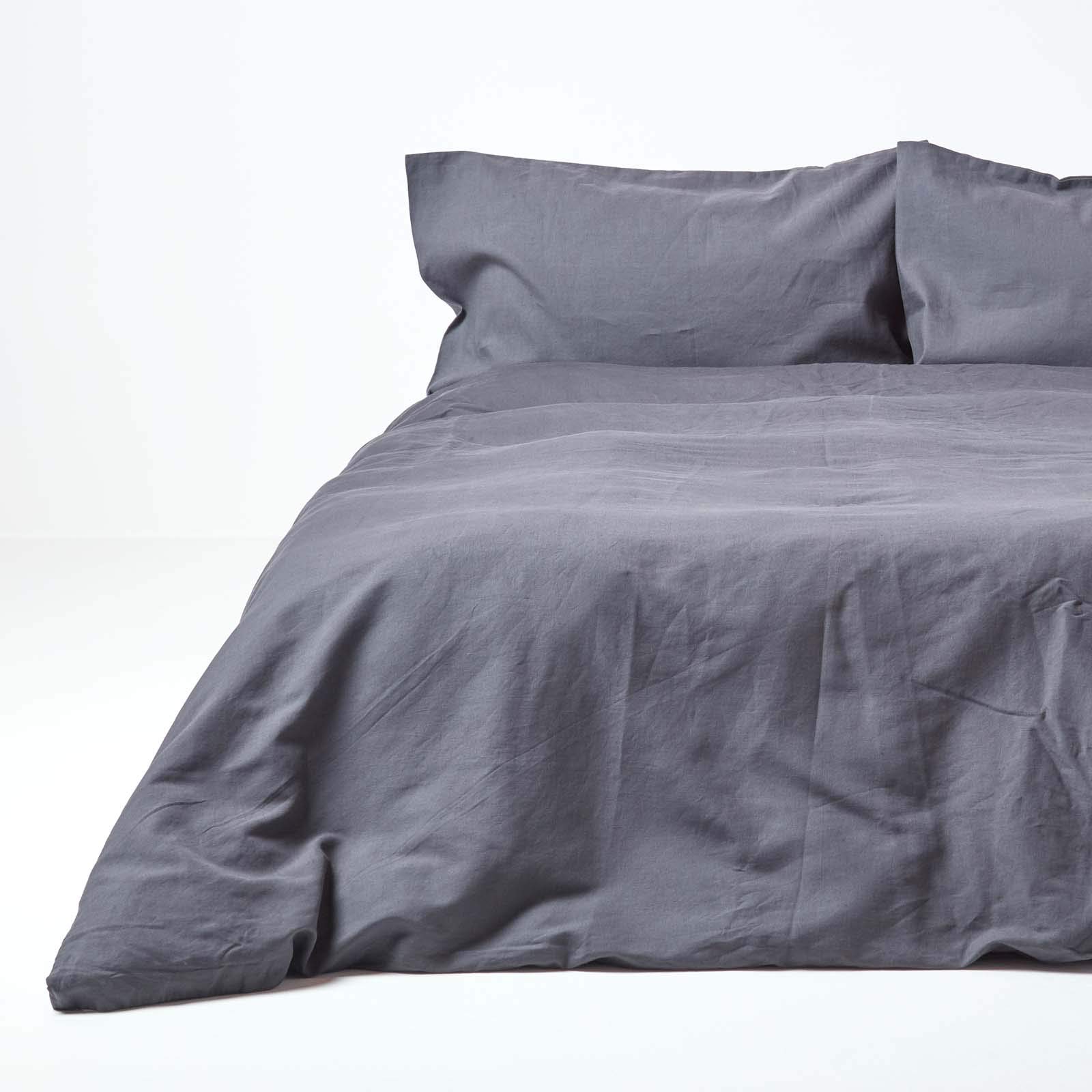 Homescapes (King, Dark Grey) Soft Linen Plain Duvet Cover With Pillowcase Green