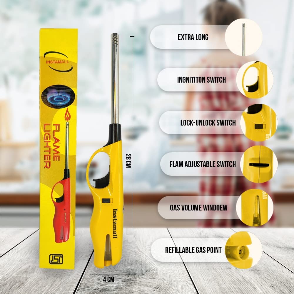 SevanAmaze ABS Plastic Adjustable Flame Gas Lighter with 100 ml Gas Refill Can Ideal for Kitchen Use,Candles, Refillable Lighter (1 Lighter + 1 Refill Bottle) (Yellow) — Amazon image 2