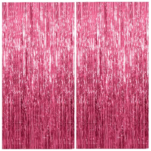 2 Pack Foil Curtain Backdrop Pink Metallic Tinsel Foil Fringe Curtains Photo Booth Props for Birthday Wedding Engagement Baby Shower Bachelorette Christmas Holiday Celebration Party Decorations