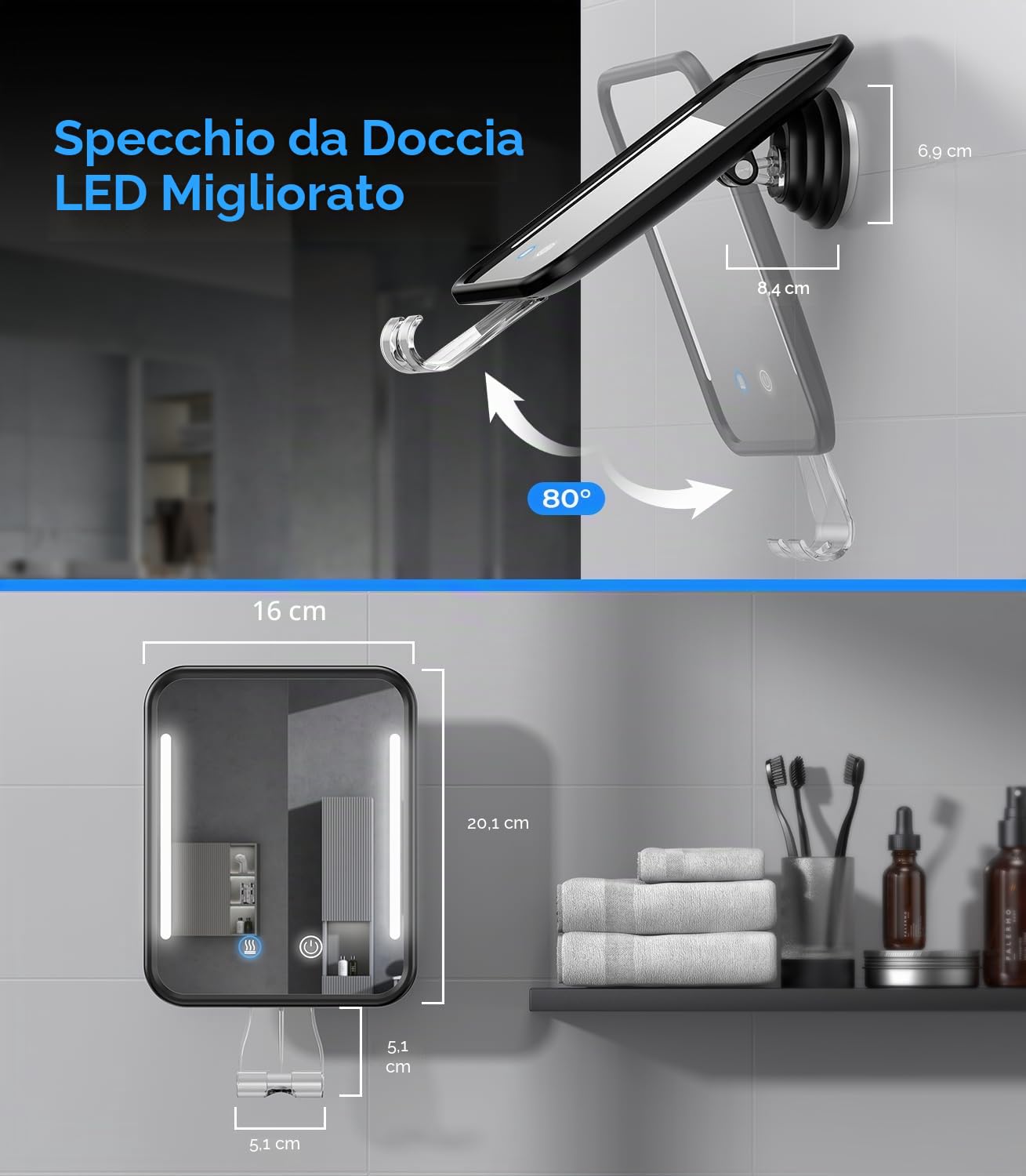 Gospire Specchio da doccia riscaldato, anti-appannamento, per rasatura con luce, batteria ricaricabile da 5000 mAh, ventosa rimovibile e supporto per rasoio da parete, senza foratura, rimovibile