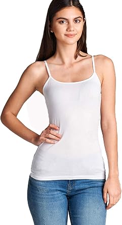 Hollywood Star Fashion Womens Regular Length Spaghetti Strap Tank Top Camis Basic Camisole Cotton Plain Solid Color Medium, White