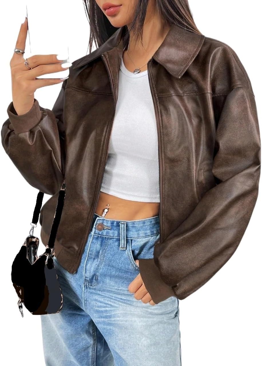Women's Leather Long Sleeve Zip Front Loose Casual Jacket In Fall/Winter