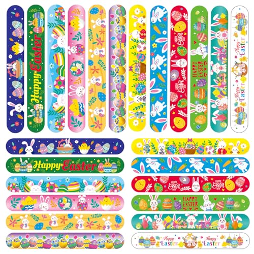 48 Pieces Easter Slap Bracelets Bulk Party Favors for Kids - 12 Designs Easter Themed Snap Bands Basket Stuffers Classroom Prizes Exchanging Gifts