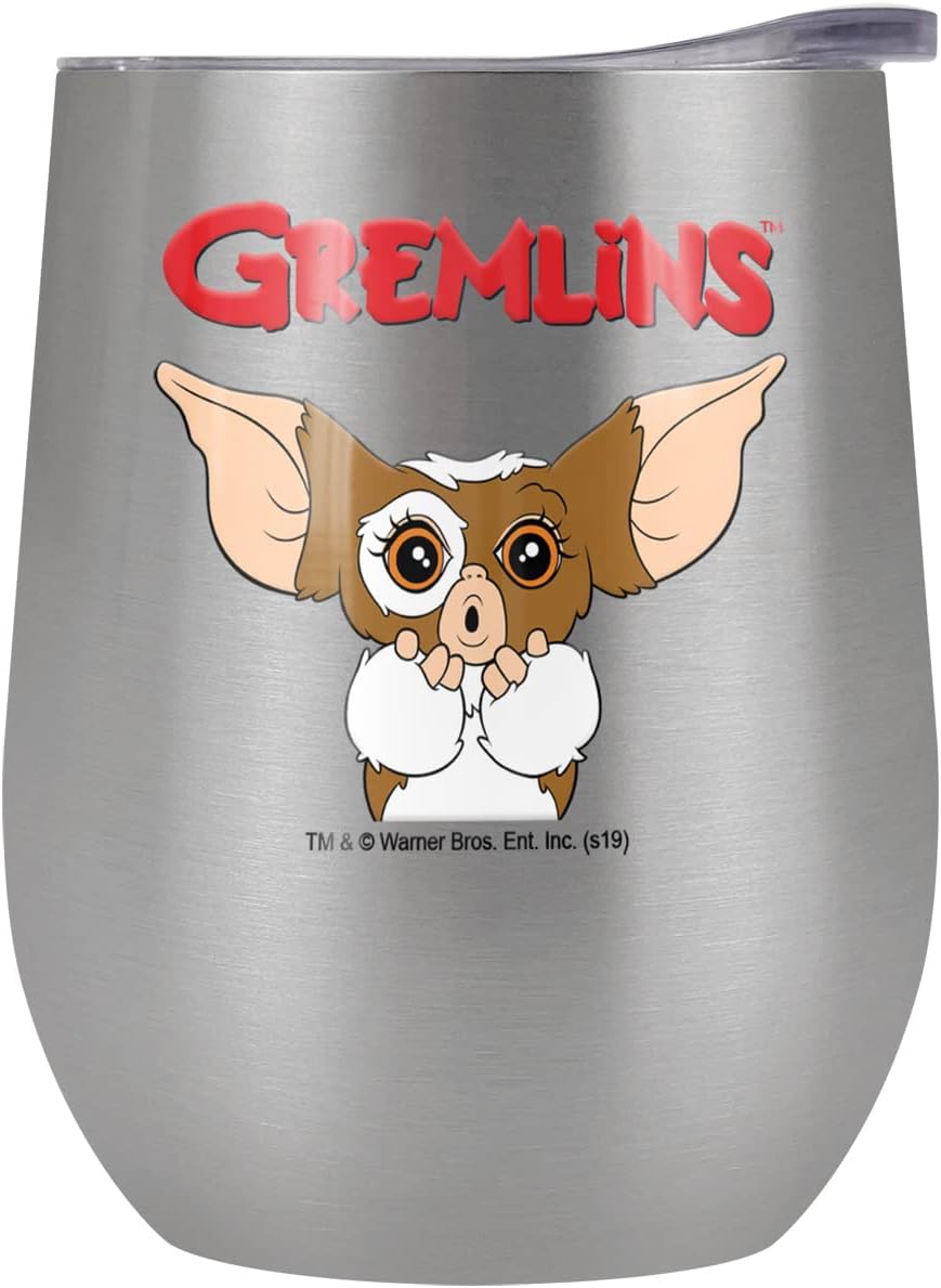 Gremlins OFFICIAL Gizmo Logo 12 OZ Stemless Wine Tumbler, Stainless Steel Travel Cup|Lake Tumbler|Insulated with Leak Resistant Slide-Lock Lid, White