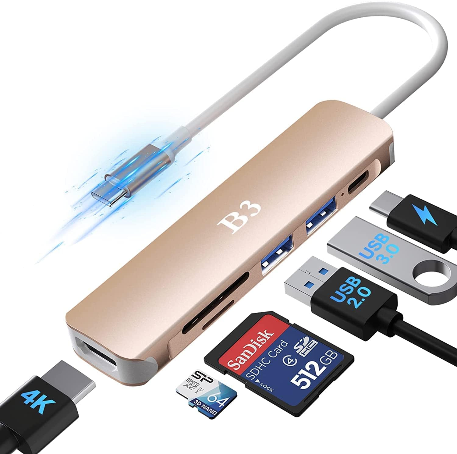 USB C Hub, USB-C Dongle Adapter with 4K HDMI for MacBook Pro/Air, 6 in 1 USBC Adaptador Converter Digital AV Multiport Docking Station, with USB3.0/USB2.0/SD/microSD Card Reader Ports - Rose Gold