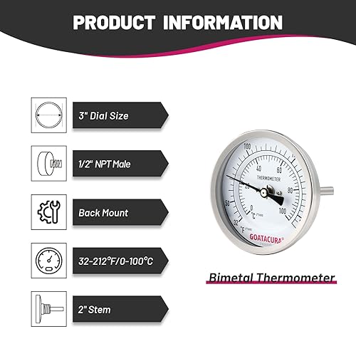Miniatura 3 de Termómetro de esfera para elaboración de cerveza, caja y sonda de acero inoxidable 304, tamaño de dial de 3 pulgadas, longitud del vástago de 2