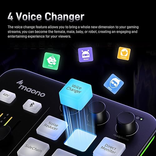 Miniatura 3 de MAONO Mezclador de Audio para Gaming, Interfaz de Audio con Pre-amplificador Pro, RGB, Bluetooth, Alimentación Phantom de 48V para Transmisión en