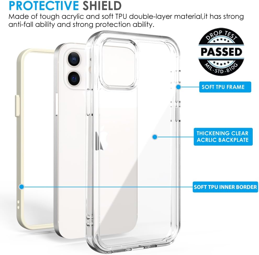 Puxicu Acrylic 2 in 1 for iPhone 12 Case,Anti-Yellowing, Military-Grade Protection, Drop Shockproof Slim Phone Cover for iPhone 12 Pro 6.1", Clear+White - Image 4