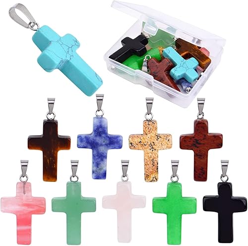 10 colgantes de piedra natural con cruz de cristal curativo de cuarzo con dije de piedras preciosas de chakras con una caja para hacer collares,