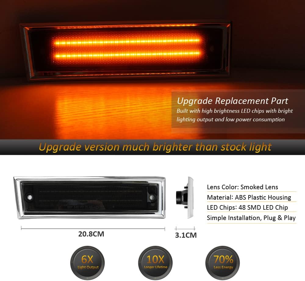 D-Lumina LED Side Marker Lights Smoked Lens for 1981-1991 Chevy C10 C20 C30 GMC C1500 C2500 Suburban Blazer Jimmy, Front Fender LED Side Marker Light, Driver & Passenger Side, Pack of 2