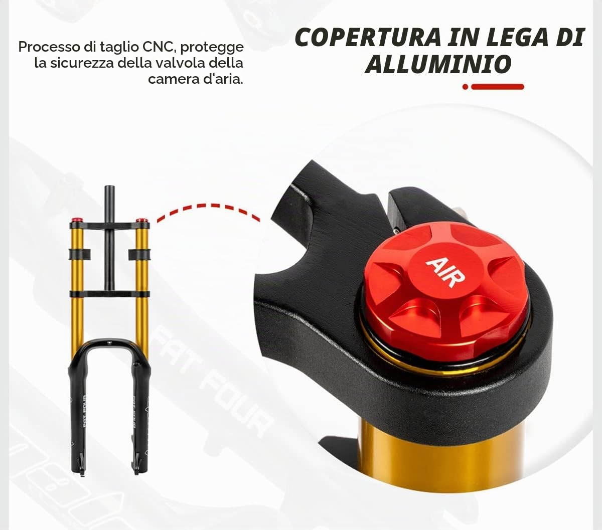 Forcella 20 Pollici Pneumatico 4,0" Sospensioni pneumatiche Biciclette 1-1/8" Freno a Disco QR Escursione 140mm Rimbalzo Regolabile per BMX Snow Beach XC Forcella e-Bike