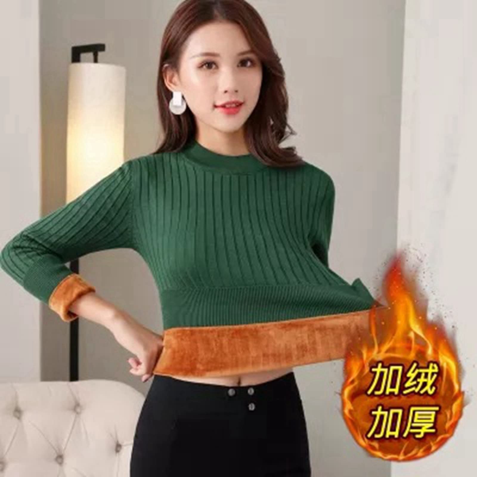 Suéter De Invierno Para Mujer - Fashion Plus Suéter Acolchado De Terciopelo Invierno Damas Mantener Cálido Retro Cuello Redondo Delgado Jersey De Punto De Manga Larga Color Puro Casual Al Aire L