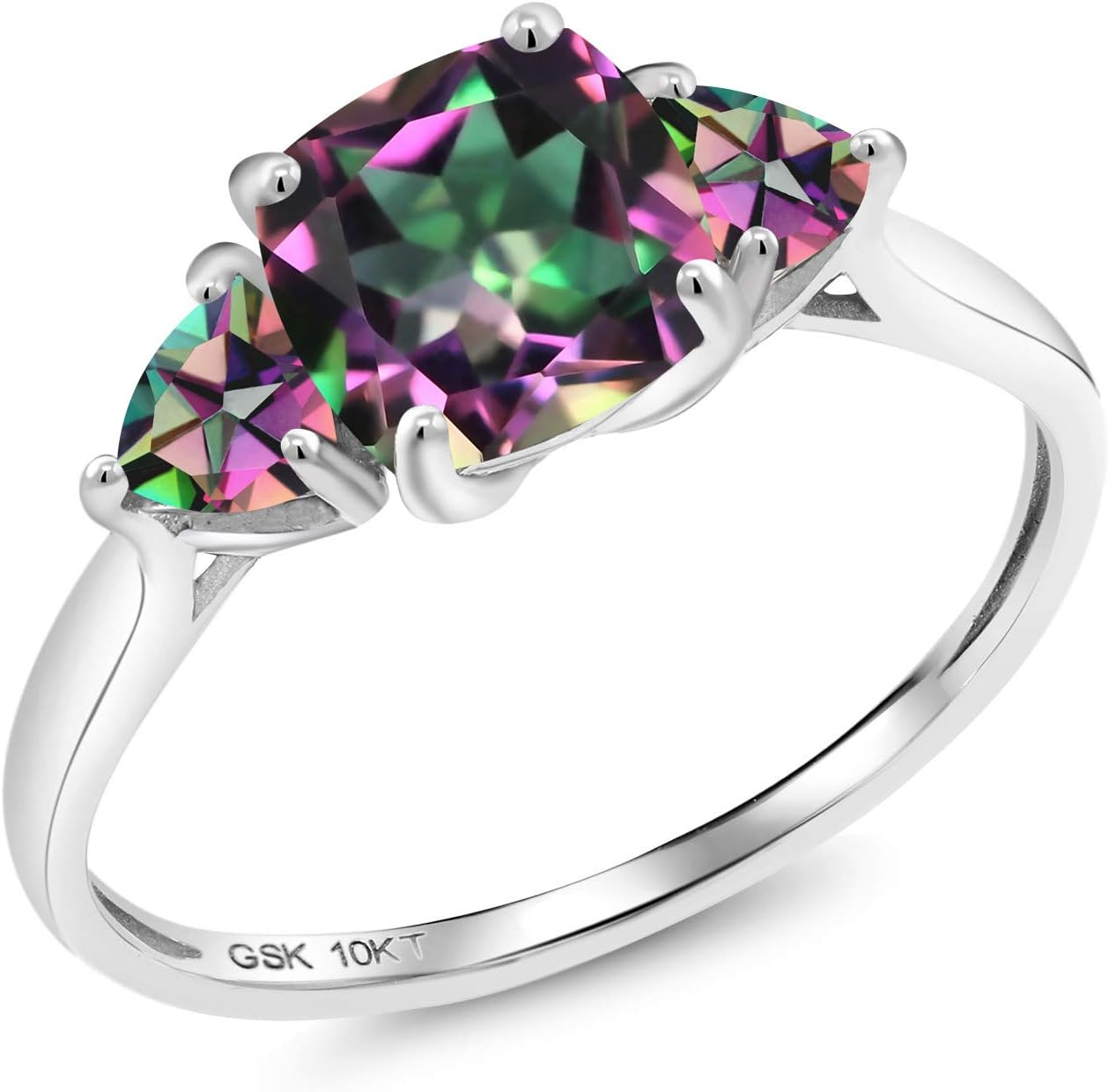 Gem Stone King 10K White Gold Green Mystic Topaz 3-Stone Engagement Ring For Women | 2.51 Cttw | 7MM Cushion | 4MM Trillion | Wedding Engagement Anniversary Promise Ring For Women
