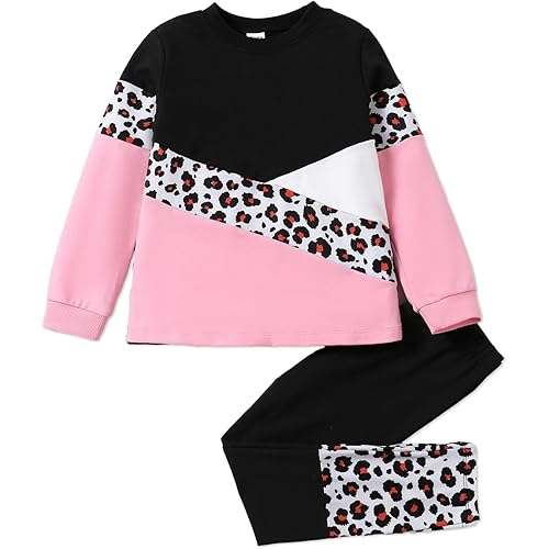 PATPAT Girls 2 Piece Fall Outfits Leopard Color Block Tee Crew Neck Top Black Legging Girl Sweatpants Sweatsuits Tracksuits
