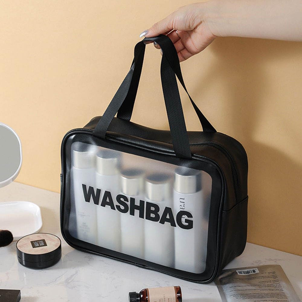 Catron Waterproof Wash Bag Pouch for Travel Kit Toiletry Bag Pink Faux Leather, 3-Piece Travel Makeup, Brushes & Accessories Toiletry Organiser with Clear Window (Black)