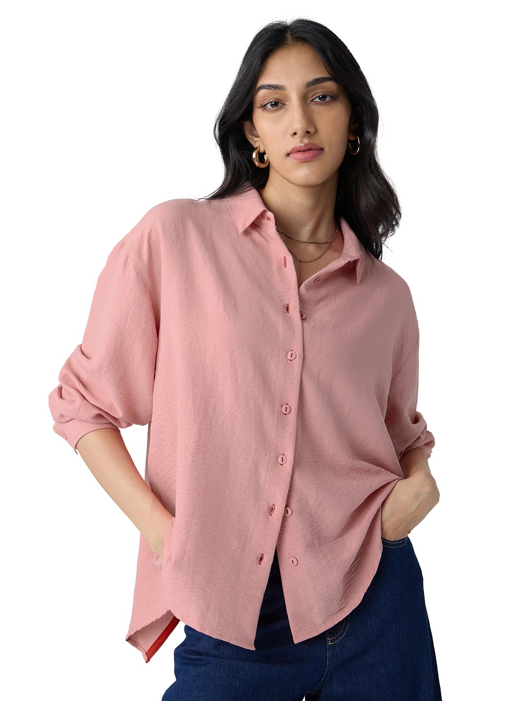 the souled store Textured Shirt: Rose Pink Women and Girls Long Sleeves Collared Neck Button Front Viscose Blend Boyfriend Shirts-picture-31