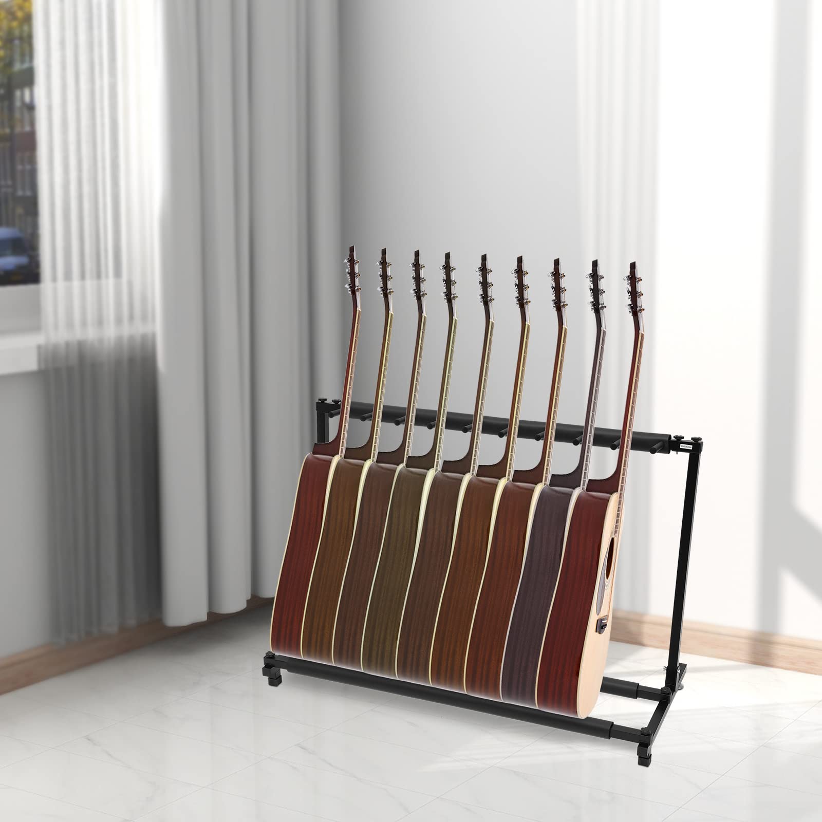 Supporto per chitarra a 3 scomparti, a 5 livelli, pieghevole, con ruote, per chitarra acustica, classica, basso acustico, chitarra elettrica, basso (110 x 47 x 73 cm)
