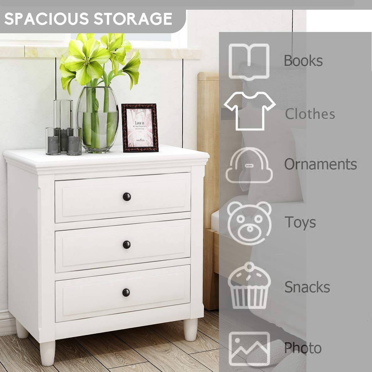 Henf 3 Drawers Chest, Modern White Drawers Dresser Bedside Nightstand