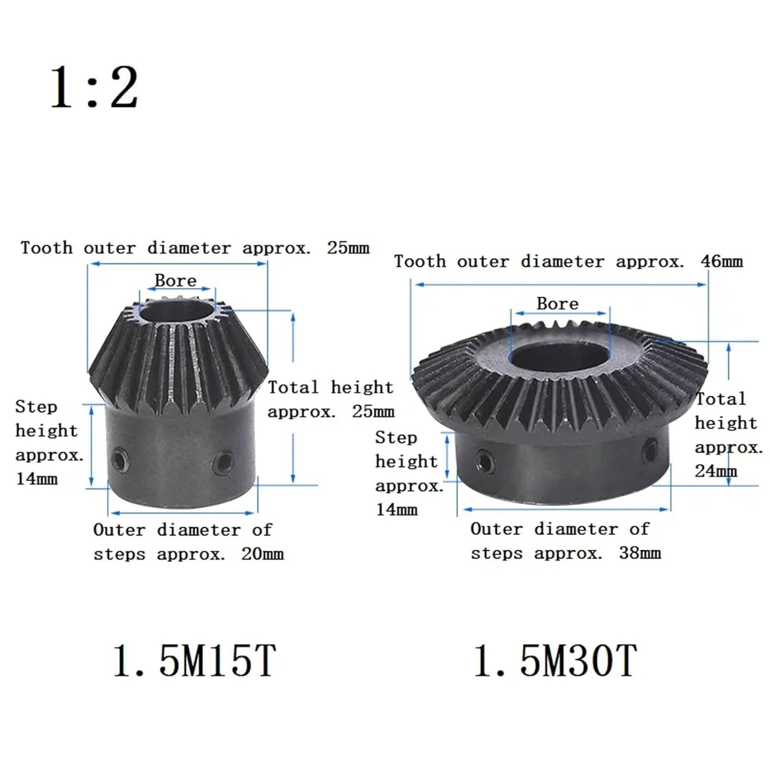 1:2 Bevel Gear 1.5 Modulus 30/40Teeth 45# Steel Bore 5-20mm Straight Bevel Gears 1Pcs(6mm,40 Teeth)