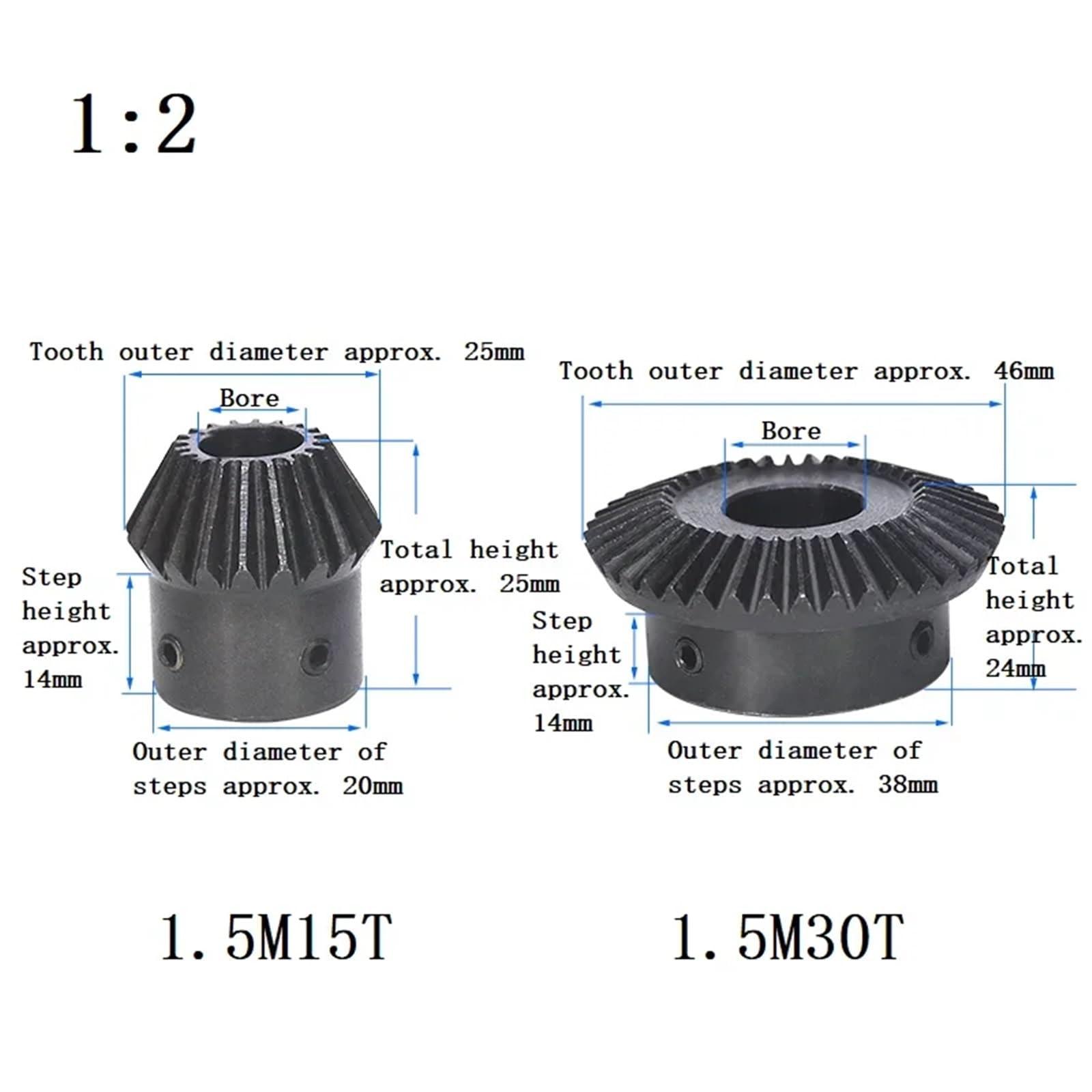 Engrenage conique 1:2, module 1,5, 15 dents/20 dents, alésage en acier 45#, 5-20 mm, 1 pièce(19mm,15 Teeth)