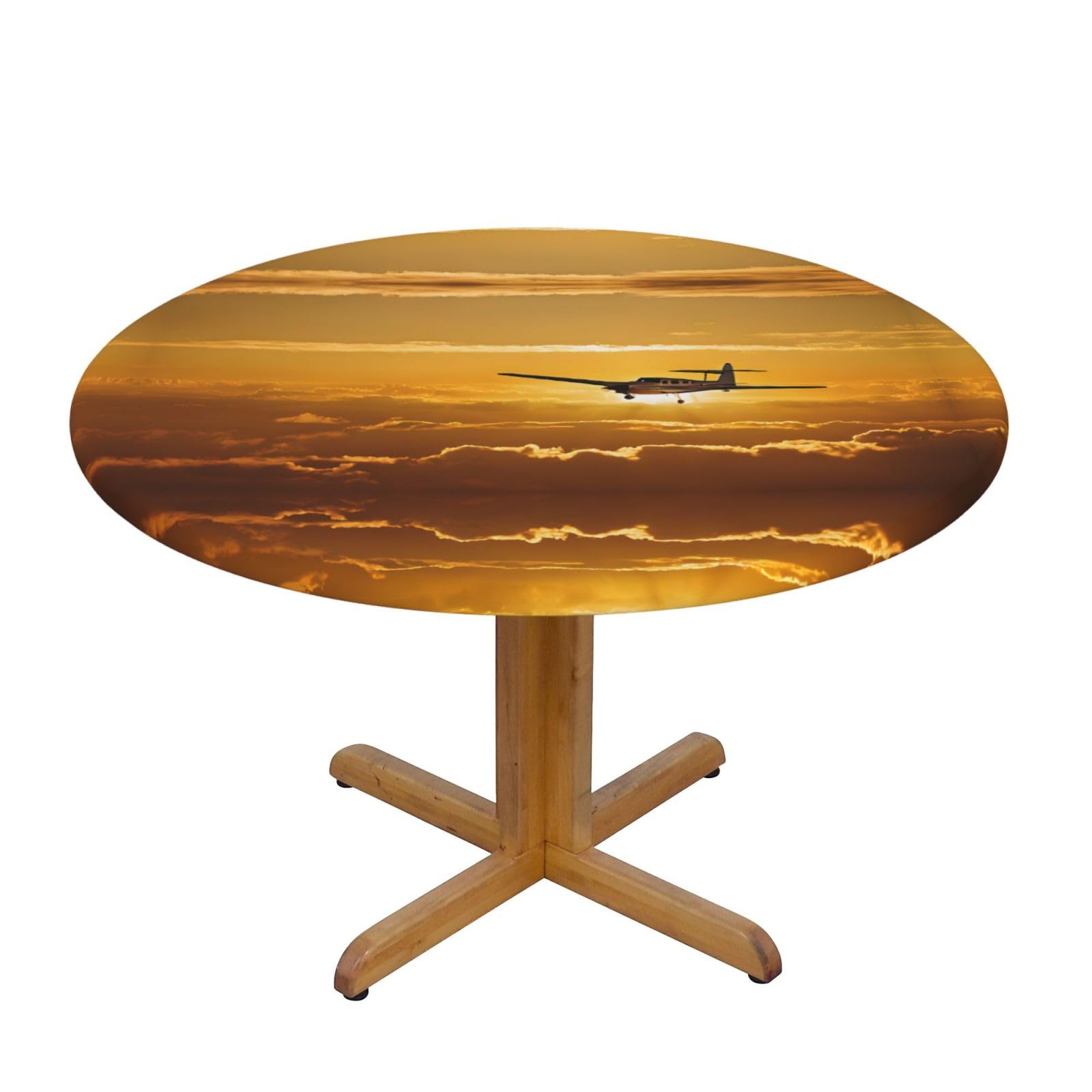 ESNAIUVCD Aircraft Plane at Sunset print Waterproof Round Tablecloth,Outdoor Table Cloth with Elastic Edged, Elastic Tablecloth Wipeable, Garden Table Cloth Suitable for sizes 90cm-140cm