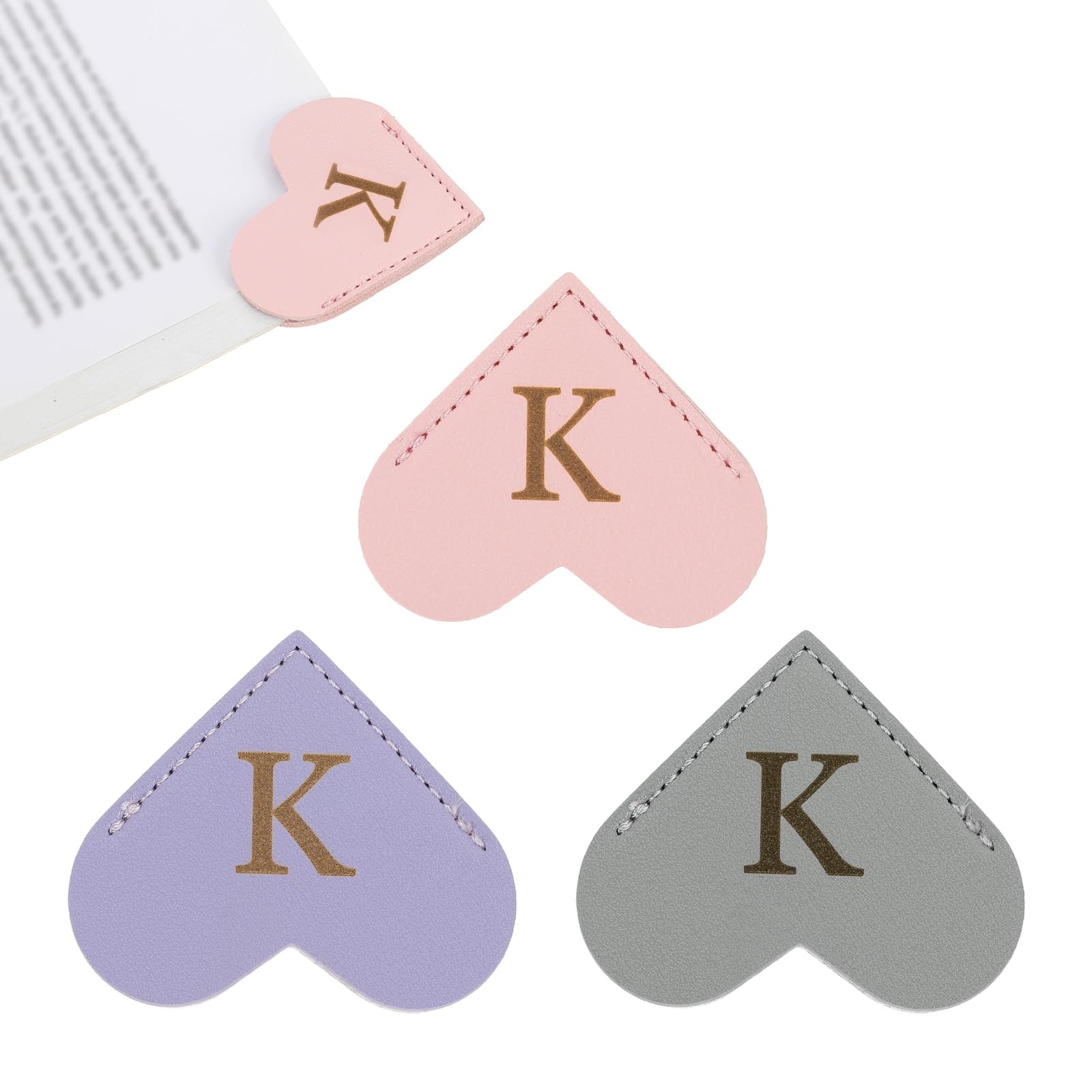 PATIKIL Initial K Corner Bookmarks, 3Pcs Heart Shape Leather Book Marks Page Markers Cute Page Clip for Men Women Teacher Reader Book Lover Writers, Pink Purple Gray